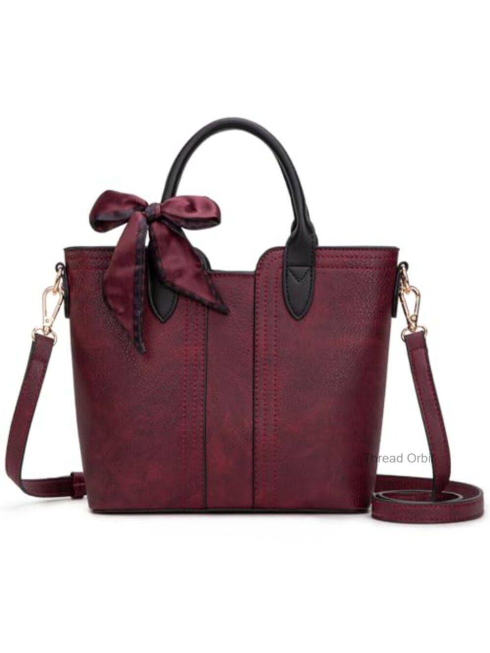 Faux Leather Satchel Handbag with Detachable Crossbody Strap Gold Hardware Bow